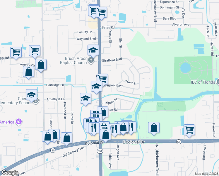map of restaurants, bars, coffee shops, grocery stores, and more near 2324 Douglas Thomas Court in Orlando