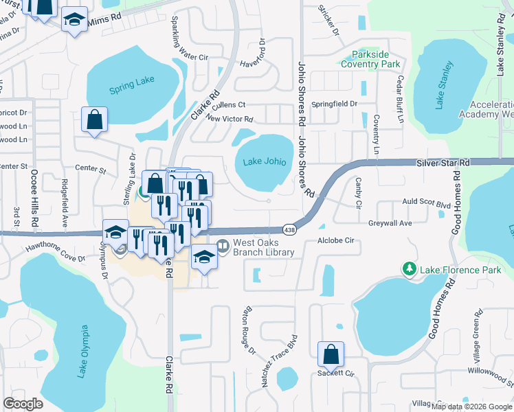 map of restaurants, bars, coffee shops, grocery stores, and more near 1896 Ibis Bay Court in Ocoee