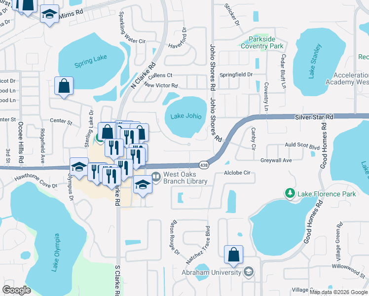 map of restaurants, bars, coffee shops, grocery stores, and more near 1896 Ibis Bay Court in Ocoee