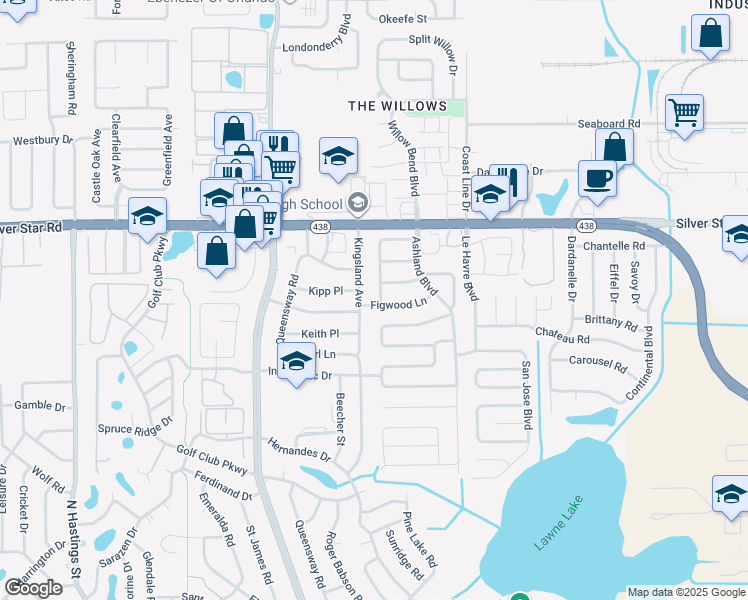 map of restaurants, bars, coffee shops, grocery stores, and more near 2400 Martinwood Drive in Orlando