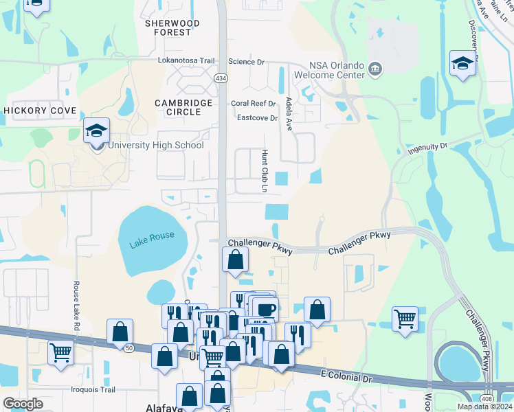map of restaurants, bars, coffee shops, grocery stores, and more near 2531 North Alafaya Trail in Orlando