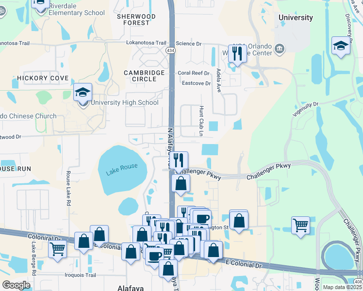 map of restaurants, bars, coffee shops, grocery stores, and more near 2515 North Alafaya Trail in Orlando