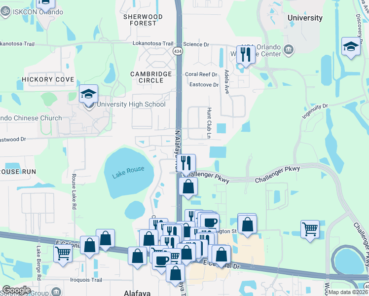 map of restaurants, bars, coffee shops, grocery stores, and more near 2515 North Alafaya Trail in Orlando