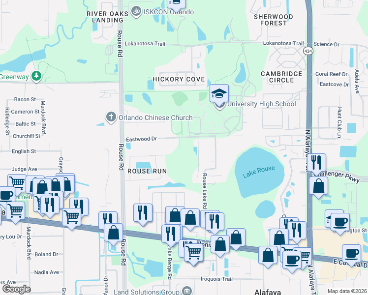 map of restaurants, bars, coffee shops, grocery stores, and more near 2119 Brighton Lane in Orlando