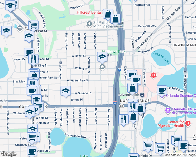 map of restaurants, bars, coffee shops, grocery stores, and more near 3 West Winter Park Street in Orlando