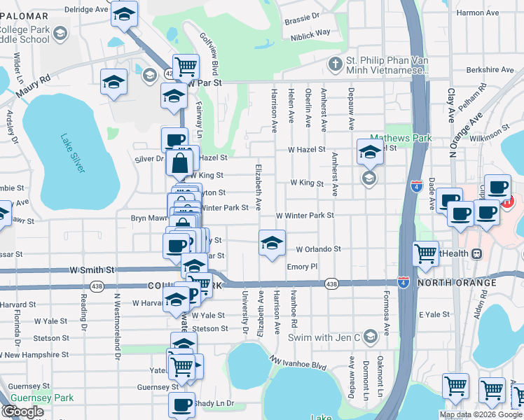 map of restaurants, bars, coffee shops, grocery stores, and more near 2600 Harrison Avenue in Orlando