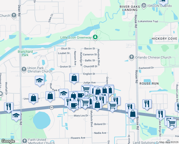 map of restaurants, bars, coffee shops, grocery stores, and more near 2216 Murdock Boulevard in Orlando