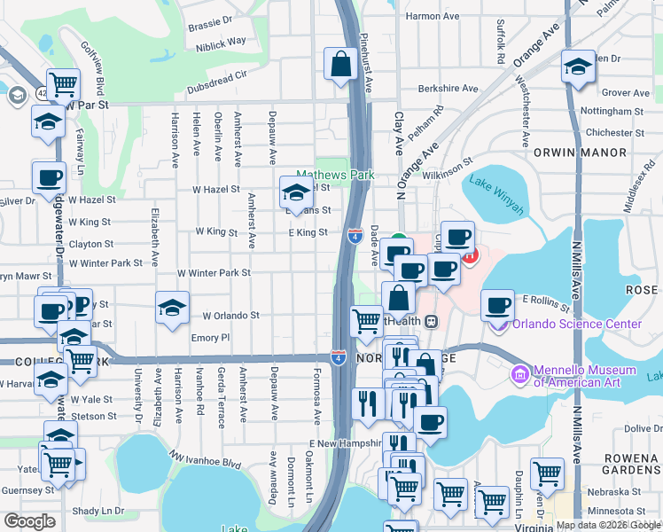 map of restaurants, bars, coffee shops, grocery stores, and more near 117 East Winter Park Street in Orlando