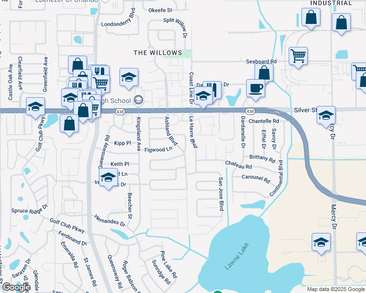 map of restaurants, bars, coffee shops, grocery stores, and more near 2401 Ashland Boulevard in Orlando
