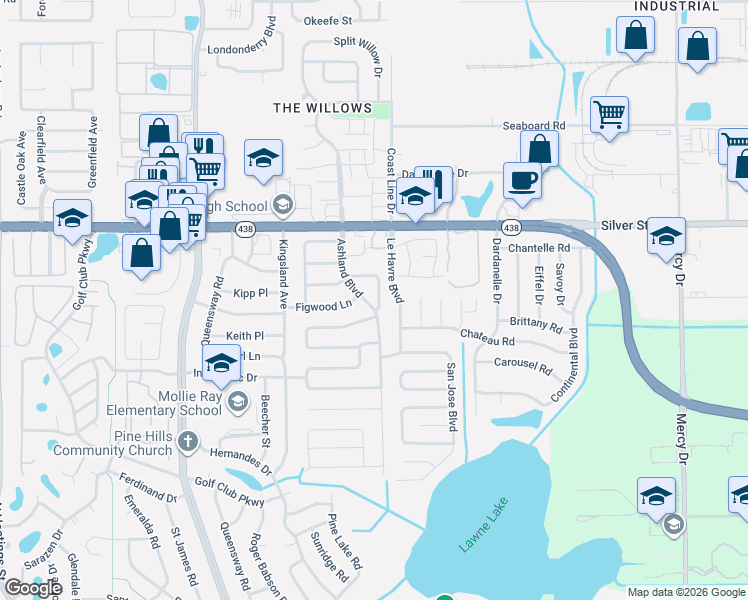 map of restaurants, bars, coffee shops, grocery stores, and more near 2401 Ashland Boulevard in Orlando