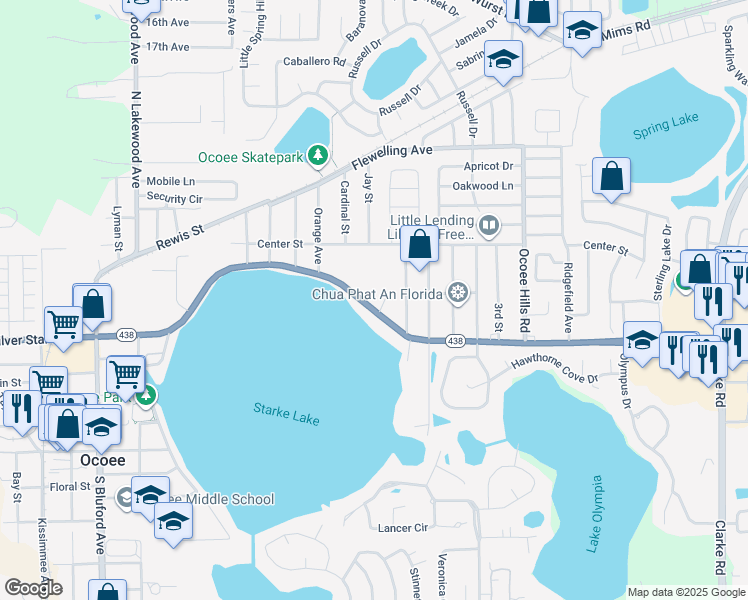 map of restaurants, bars, coffee shops, grocery stores, and more near 806 East Silver Star Road in Ocoee