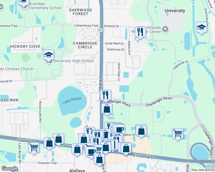 map of restaurants, bars, coffee shops, grocery stores, and more near 2549 North Alafaya Trail in Orlando