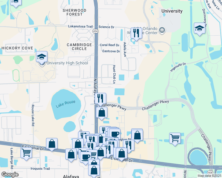 map of restaurants, bars, coffee shops, grocery stores, and more near 2531 North Alafaya Trail in Orlando