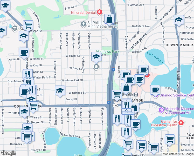 map of restaurants, bars, coffee shops, grocery stores, and more near 33 East Winter Park Street in Orlando