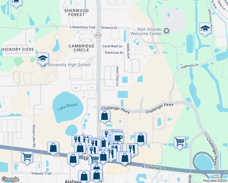 map of restaurants, bars, coffee shops, grocery stores, and more near 2537 North Alafaya Trail in Orlando