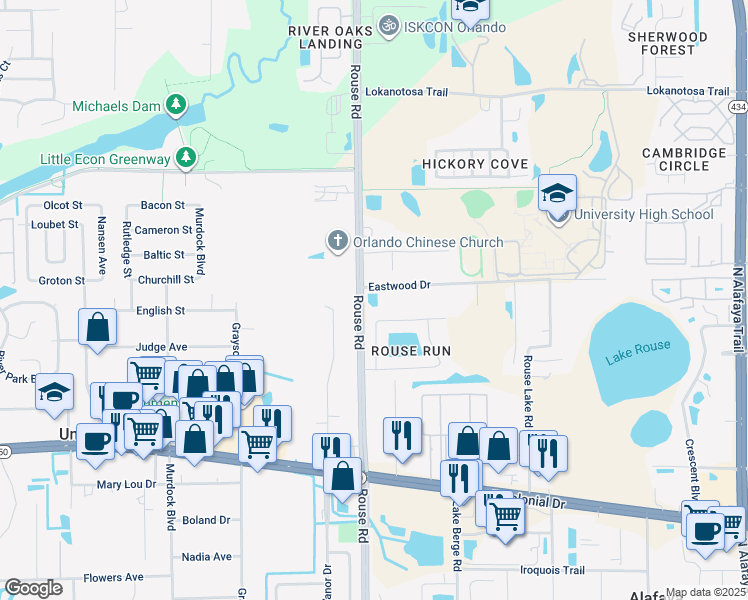 map of restaurants, bars, coffee shops, grocery stores, and more near 11550 Eastwood Drive in Orlando