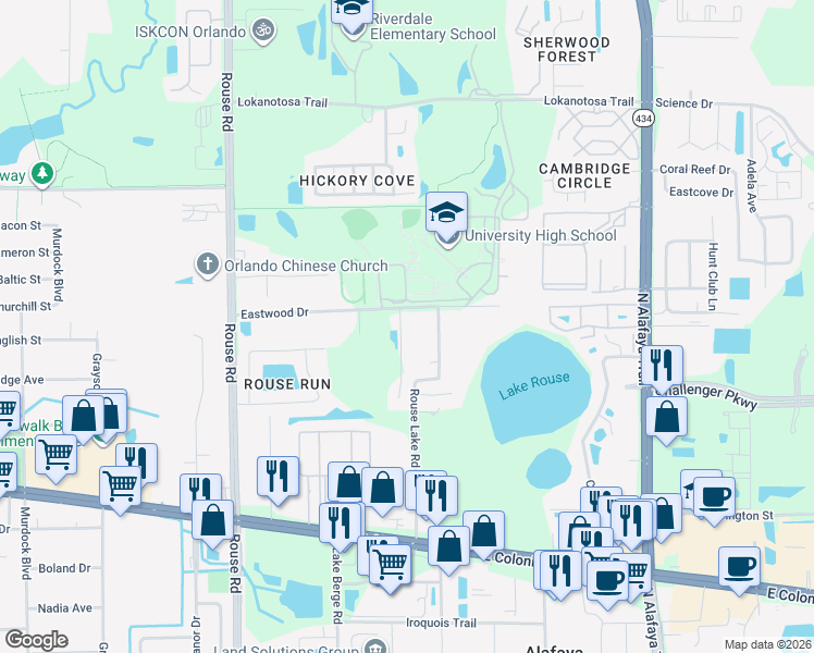map of restaurants, bars, coffee shops, grocery stores, and more near 2148 Kaylas Court in Orlando