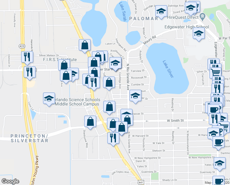 map of restaurants, bars, coffee shops, grocery stores, and more near 1611 Bryn Mawr Street in Orlando
