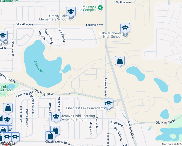 map of restaurants, bars, coffee shops, grocery stores, and more near 413 Bramble Way in Minneola