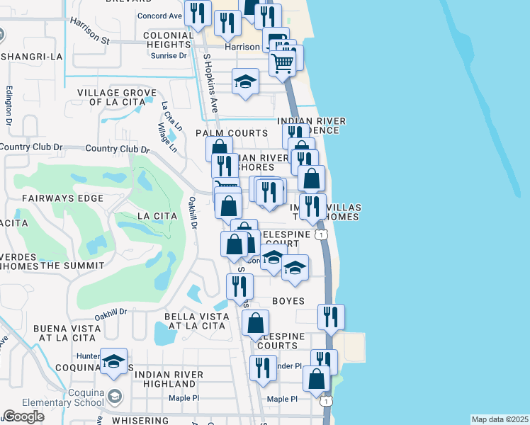 map of restaurants, bars, coffee shops, grocery stores, and more near 249 Narvaez Drive in Titusville