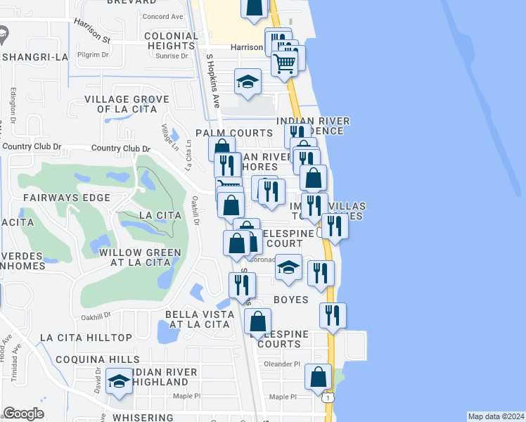 map of restaurants, bars, coffee shops, grocery stores, and more near 249 Narvaez Drive in Titusville