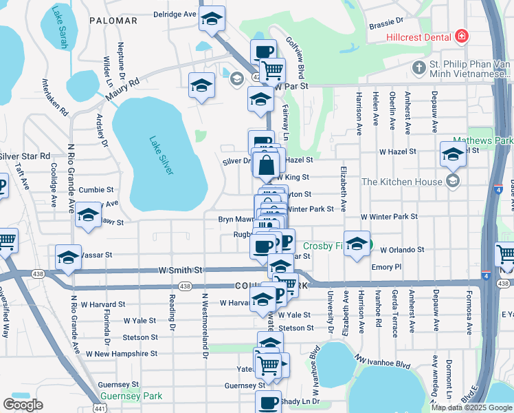 map of restaurants, bars, coffee shops, grocery stores, and more near 714 West Winter Park Street in Orlando