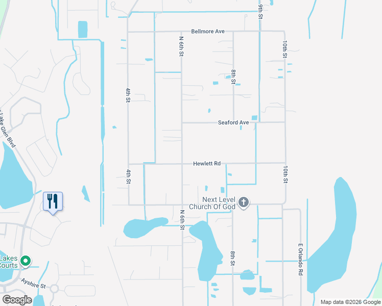 map of restaurants, bars, coffee shops, grocery stores, and more near 18423 Hewlett Road in Orlando