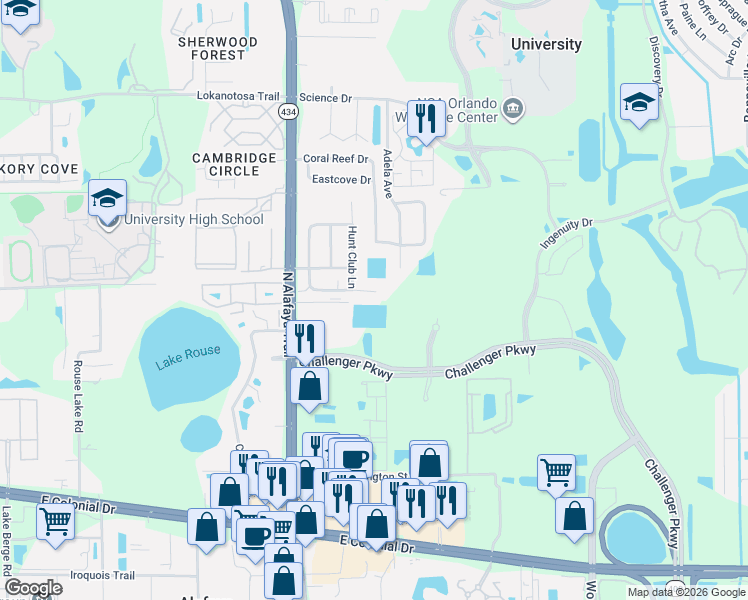 map of restaurants, bars, coffee shops, grocery stores, and more near 12342 Fox Hound Court in Orlando