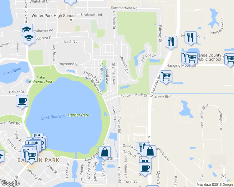 map of restaurants, bars, coffee shops, grocery stores, and more near 5495 Baldwin Park Street in Orlando