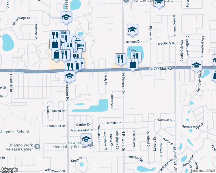 map of restaurants, bars, coffee shops, grocery stores, and more near 2420 Locke Avenue in Orlando