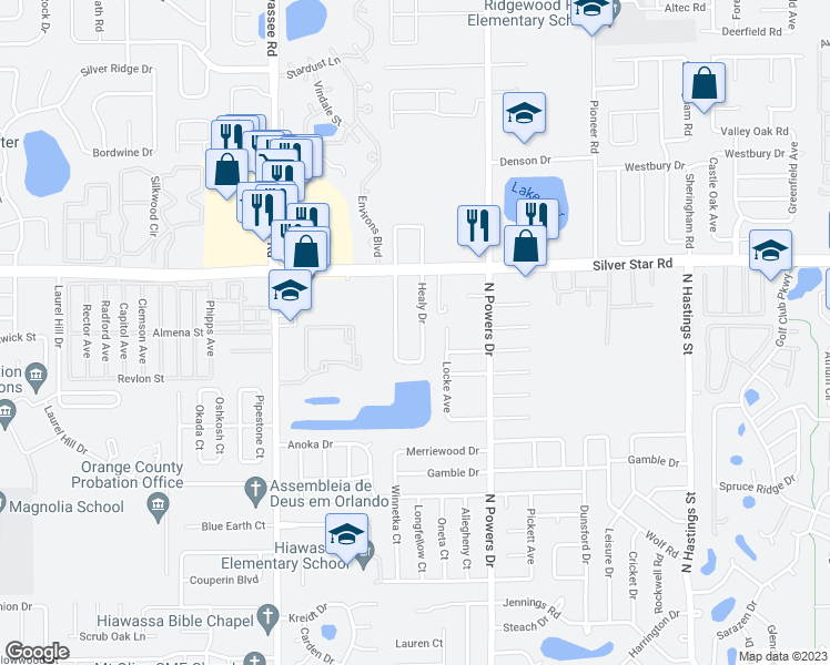 map of restaurants, bars, coffee shops, grocery stores, and more near 2417 Sandy Lane in Orlando