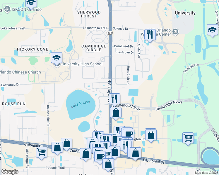 map of restaurants, bars, coffee shops, grocery stores, and more near 2533 Lancien Court in Orlando