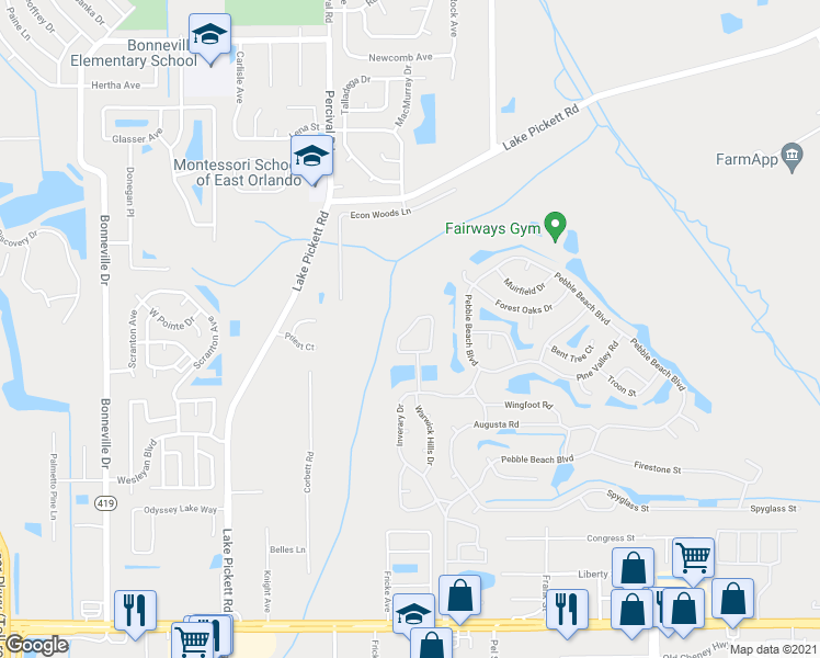 map of restaurants, bars, coffee shops, grocery stores, and more near 2077 Warwick Hills Drive in Orlando