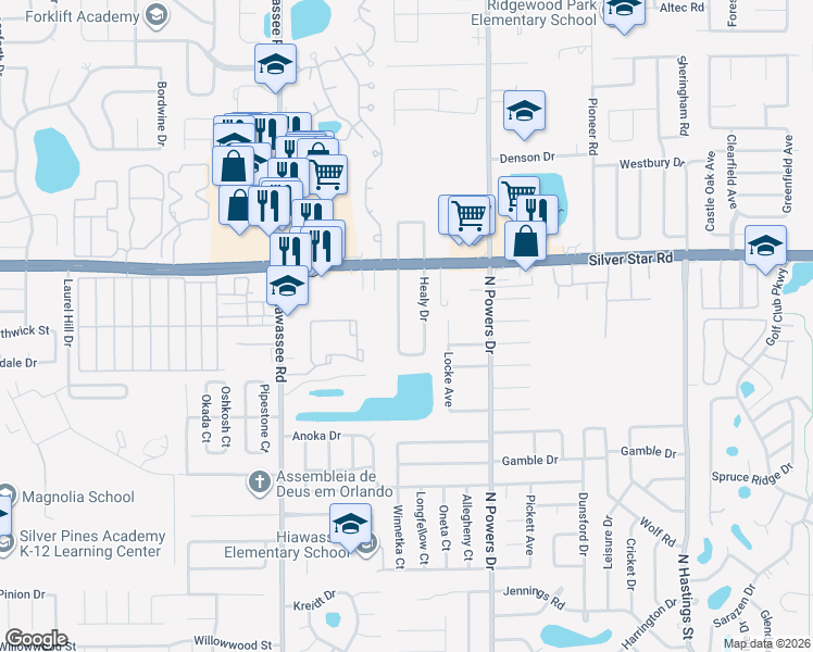map of restaurants, bars, coffee shops, grocery stores, and more near 2417 Sandy Lane in Orlando