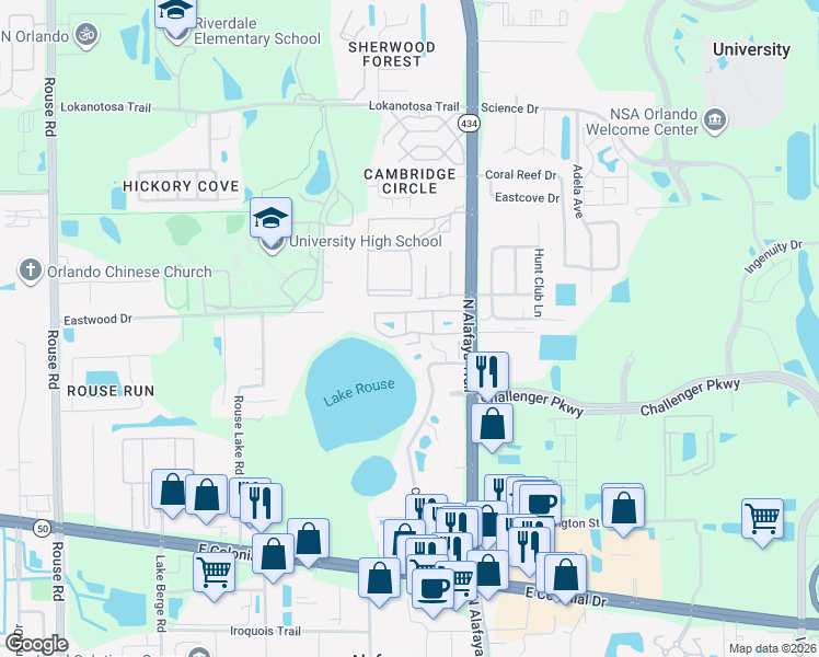 map of restaurants, bars, coffee shops, grocery stores, and more near 2550 North Alafaya Trail in Orlando