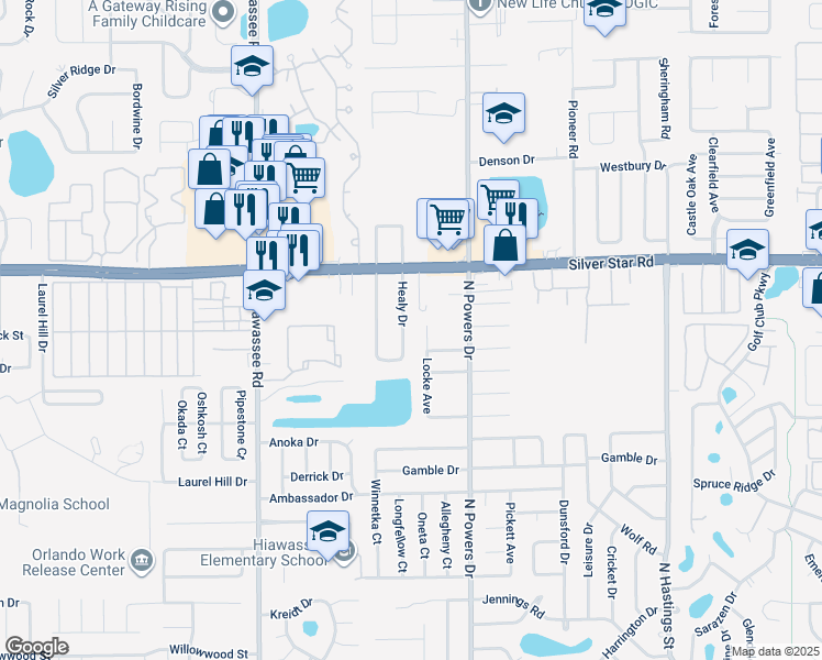 map of restaurants, bars, coffee shops, grocery stores, and more near 2420 Locke Avenue in Orlando