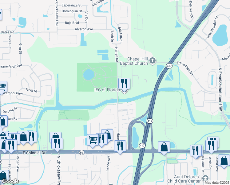 map of restaurants, bars, coffee shops, grocery stores, and more near 2220 Harrell Road in Orlando