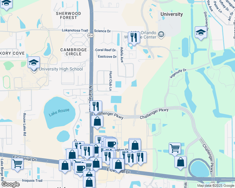 map of restaurants, bars, coffee shops, grocery stores, and more near 12342 Fox Hound Court in Orlando