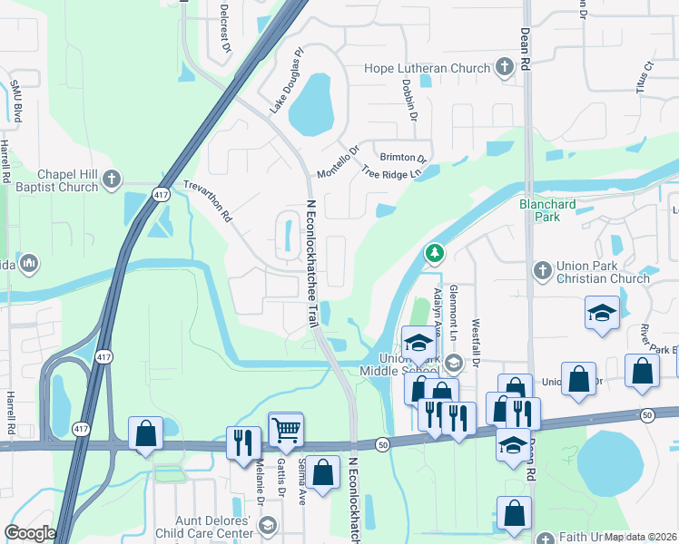map of restaurants, bars, coffee shops, grocery stores, and more near 2526 Woods Edge Circle in Orlando