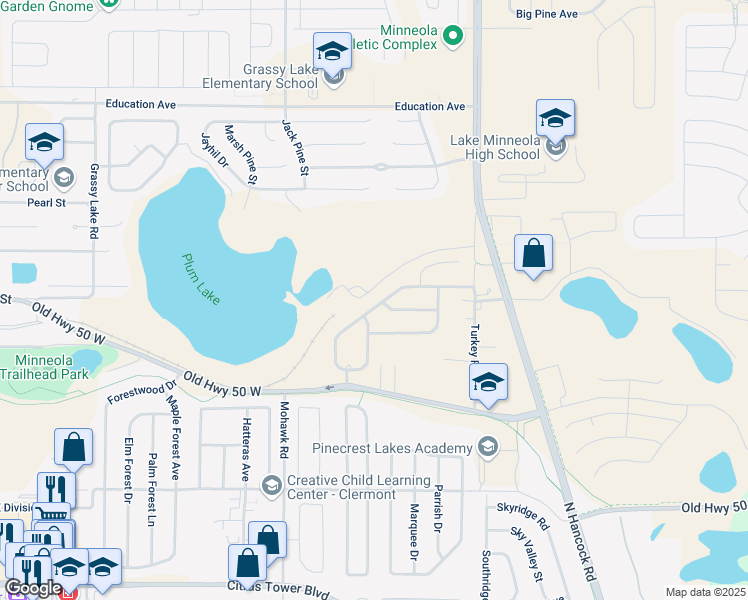 map of restaurants, bars, coffee shops, grocery stores, and more near 361 Brimming Lake Road in Minneola