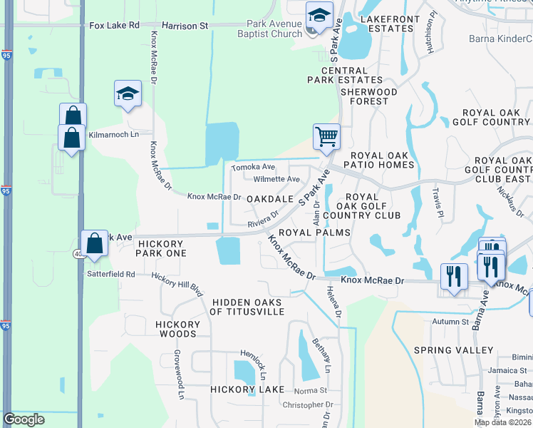 map of restaurants, bars, coffee shops, grocery stores, and more near 2624 Riviera Drive in Titusville