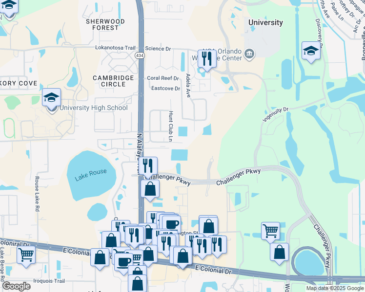 map of restaurants, bars, coffee shops, grocery stores, and more near 12342 Fox Hound Court in Orlando