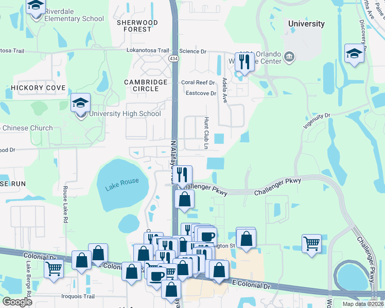 map of restaurants, bars, coffee shops, grocery stores, and more near 2515 North Alafaya Trail in Orlando