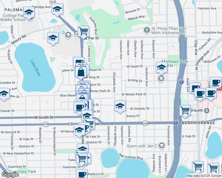 map of restaurants, bars, coffee shops, grocery stores, and more near 516 West Winter Park Street in Orlando