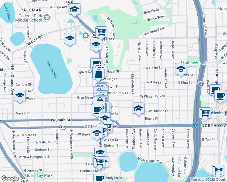 map of restaurants, bars, coffee shops, grocery stores, and more near 552 West Winter Park Street in Orlando