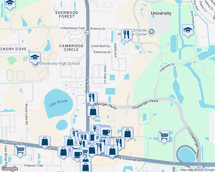 map of restaurants, bars, coffee shops, grocery stores, and more near 2531 North Alafaya Trail in Orlando