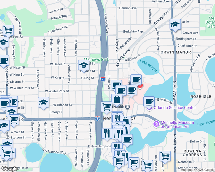 map of restaurants, bars, coffee shops, grocery stores, and more near 212 East Winter Park Street in Orlando