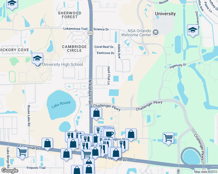 map of restaurants, bars, coffee shops, grocery stores, and more near 12312 Fox Hound Lane in Orlando