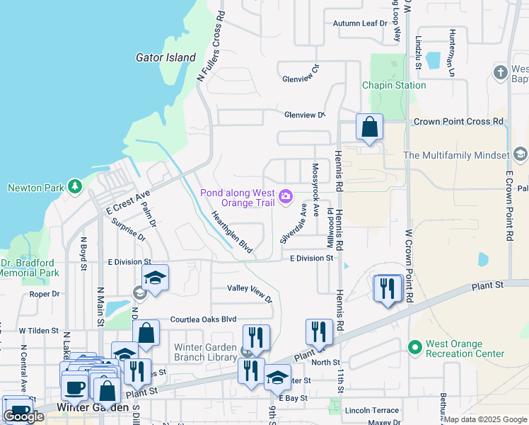 map of restaurants, bars, coffee shops, grocery stores, and more near 444 Newhearth Circle in Winter Garden
