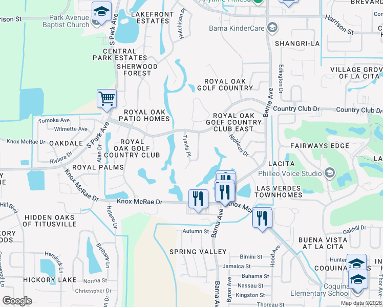 map of restaurants, bars, coffee shops, grocery stores, and more near 3555 Travis Place in Titusville